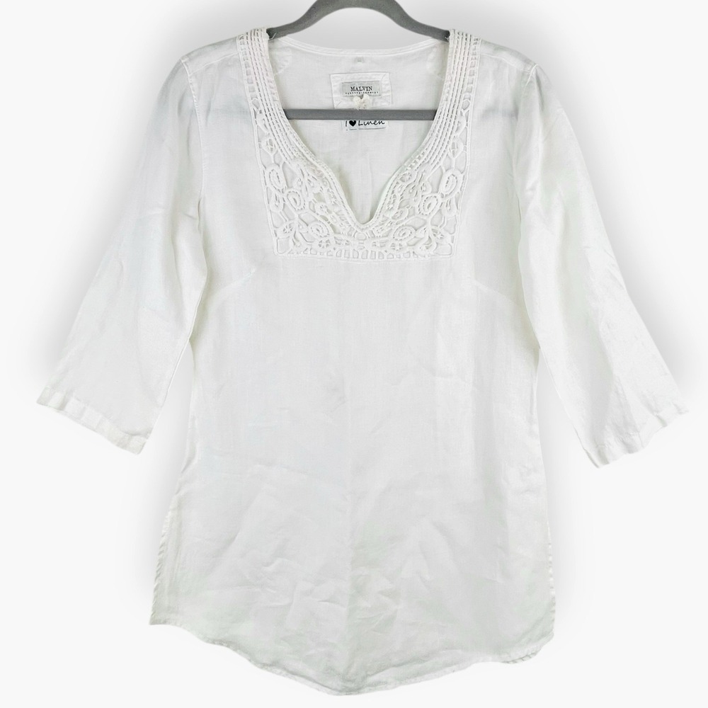 Malvin I 🖤 Linen White Tunic Medium US: 8 Top 3/4 Sleeve Blouse Beach Crochet - Picture 2 of 10